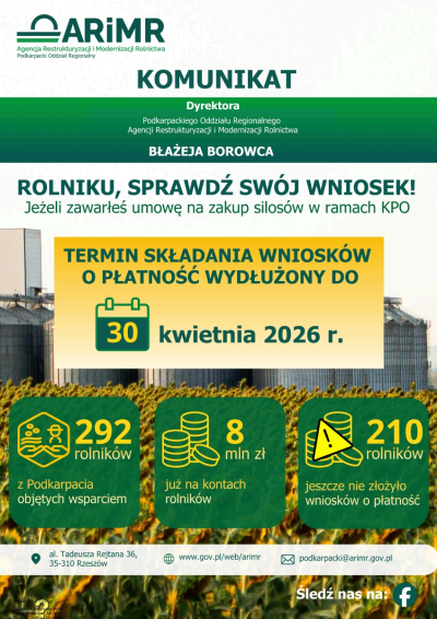 Komunikat Dyrektora Podkarpackiego Oddziału Agencji Restrukturyzacji i Modernizacji Rolnictwa dot. realizacji inwestycji w silosy w ramach KPO