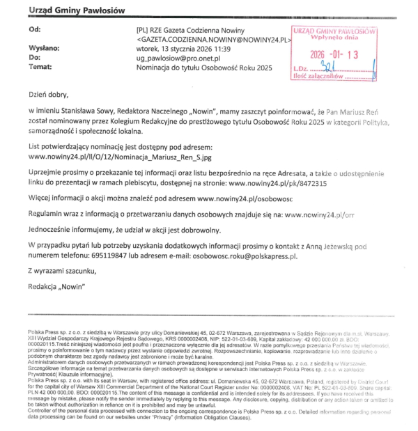 Wójt Gminy Pawłosiów nominowany do tytułu Osobowość Roku 2025